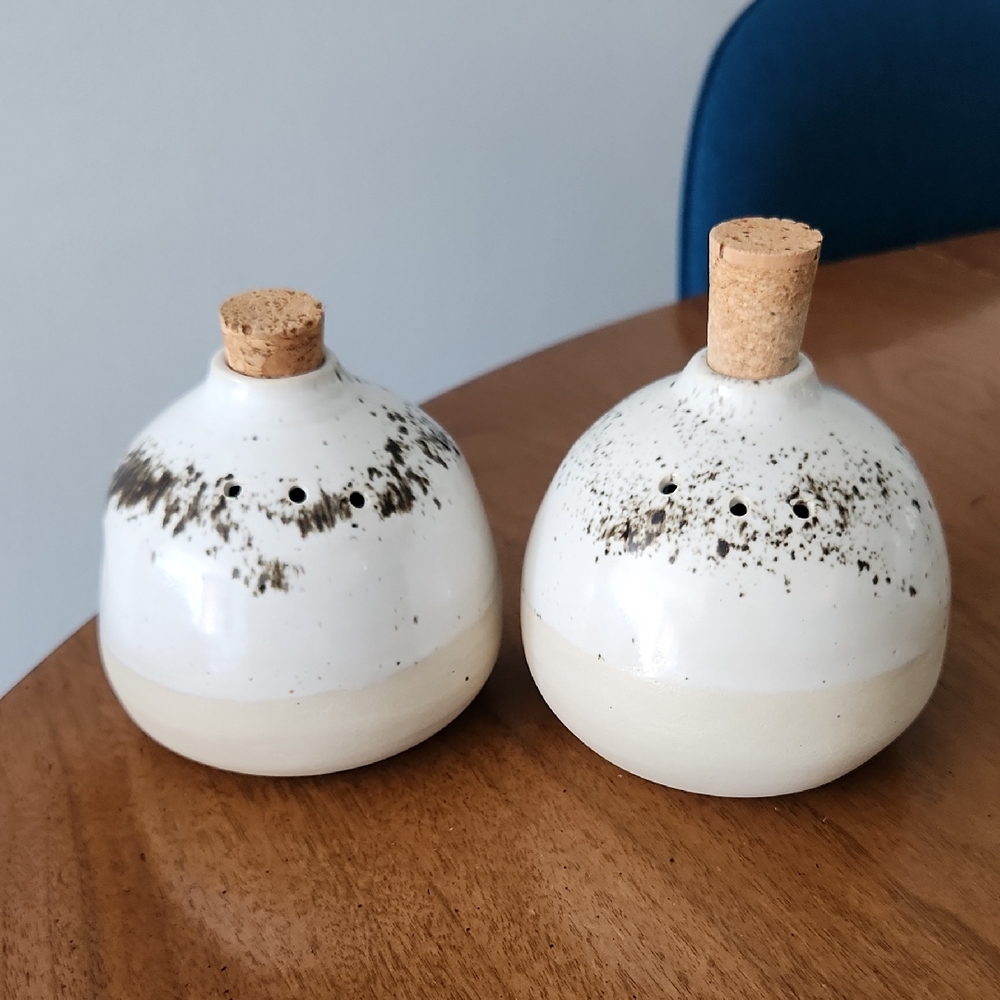 Handmade ceramic salt and pepper shakers with cork stoppers